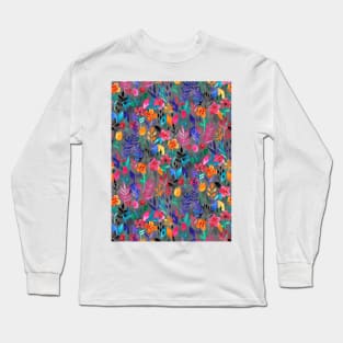 Popping Color Painted Floral on Grey Long Sleeve T-Shirt